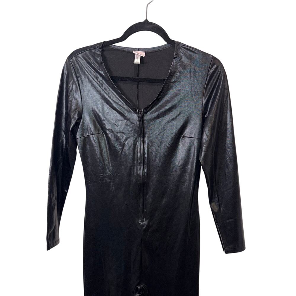 Women's Black Wet-Look Catsuit Jumpsuit Long Sleeve Front Zip Cosplay Costume